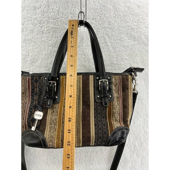 Fossil Womens Satchel Handbag Black Brown Signature Logo Detachable Strap Zip S - Picture 6 of 9